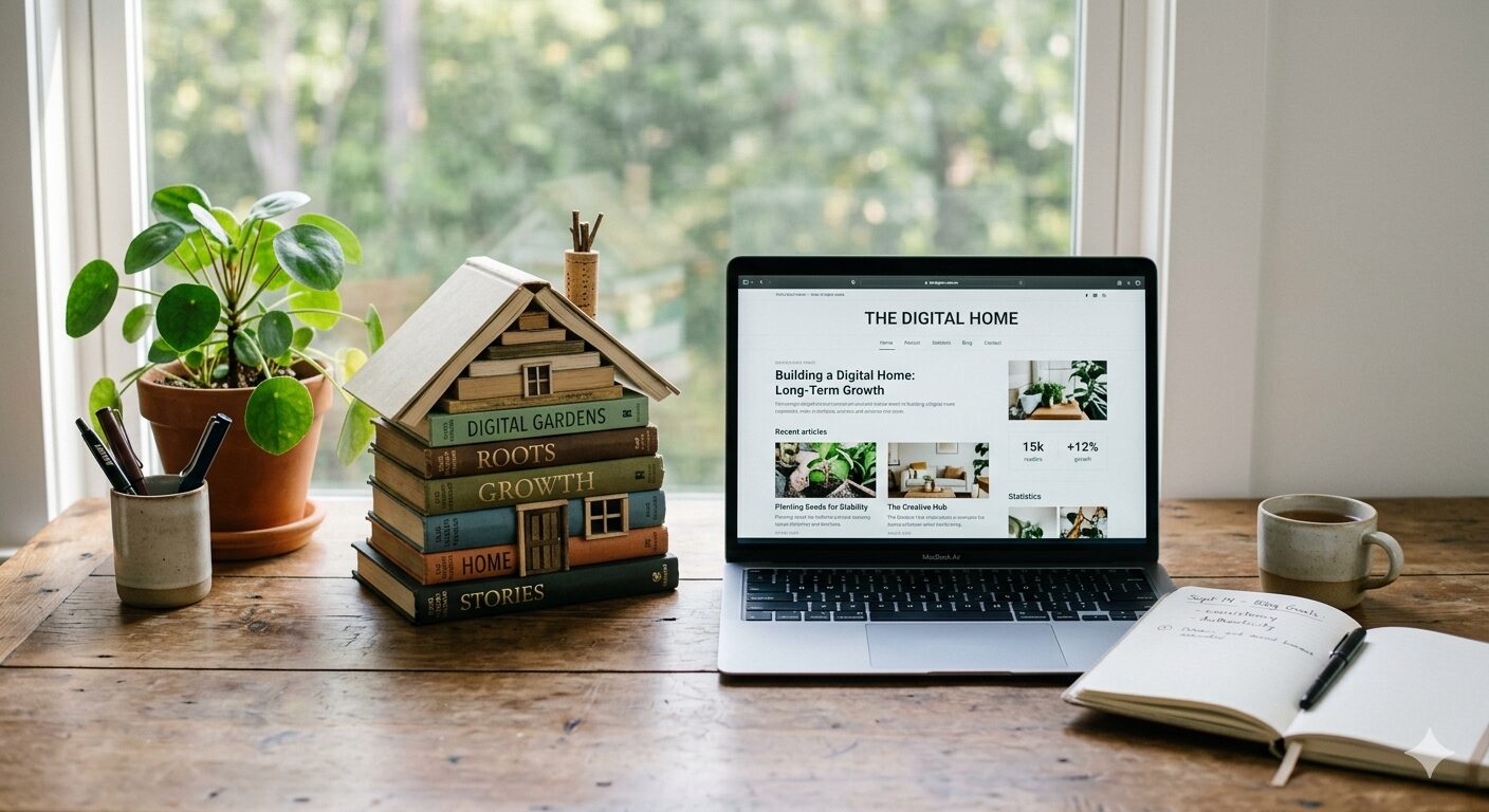 Ein aufgeschlagener Laptop vor einem Fenster. Auf dem Bildschirm ist die Überschrift "The Digital Home" zu sehen als Symbol für das Bloggen für Unternehmerinnen. Neben dem Laptop liegen ein paar Bücher, die wie ein Haus gestapelt sind sowie eine grüne Pflanze und ein Becher mit Stiften. Vor dem Laptop liegt ein aufgeschlagenes Notizbuch mit einem Stift darin und eine Tasse Kaffee.