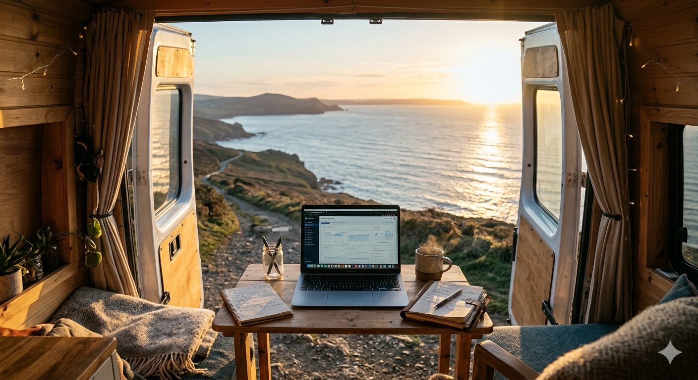 Ein offenes Laptop auf einem Holztisch am Ende eines Vans, dessen Türen geöffnet sind. Aus dem Van hat man die Aussicht auf eine Küste am Meer.