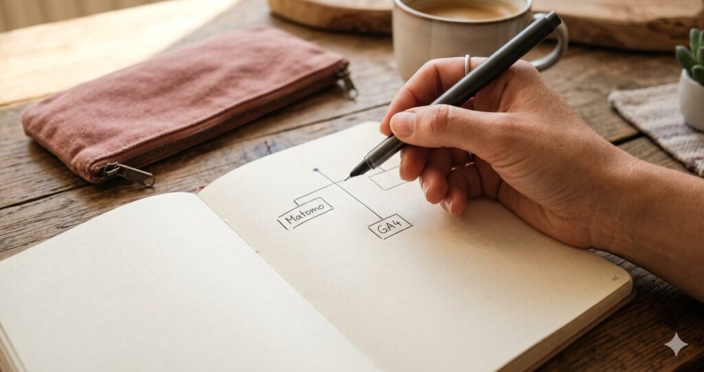 Notizbuch mit handgezeichneten Skizzen zur Entscheidung zwischen GA4 oder Matomo