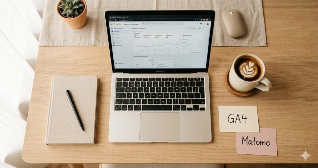 Schreibtisch von oben mit Analytics-Dashboard und Notizzetteln zu GA4 und Matomo im Vergleich