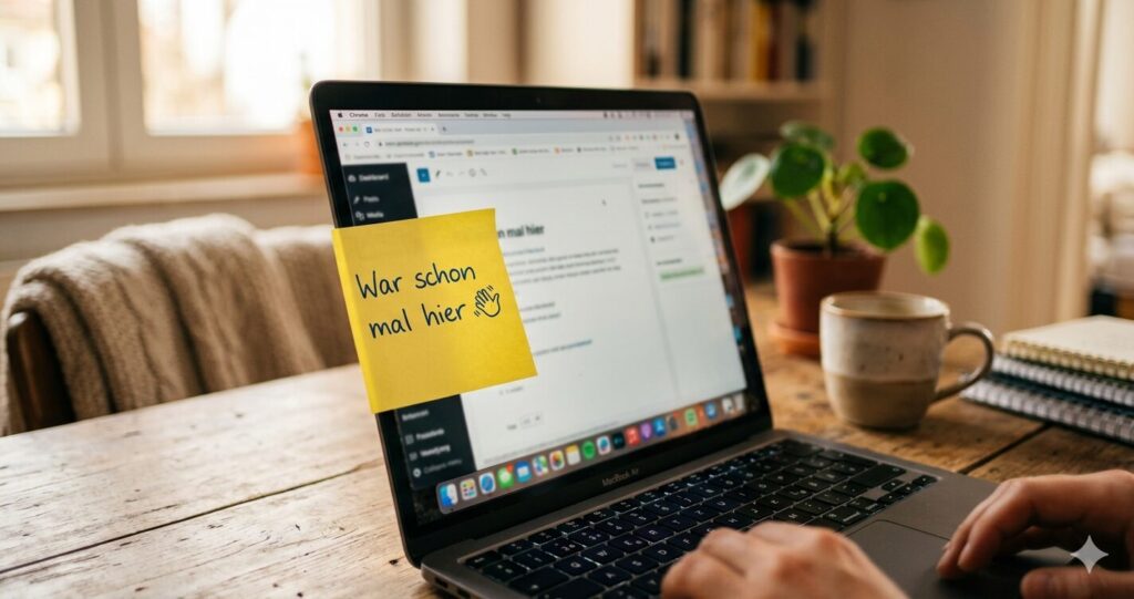 Post-it mit „War schon mal hier“ auf einem Laptop – als Metapher für Cookies bei der Webanalyse