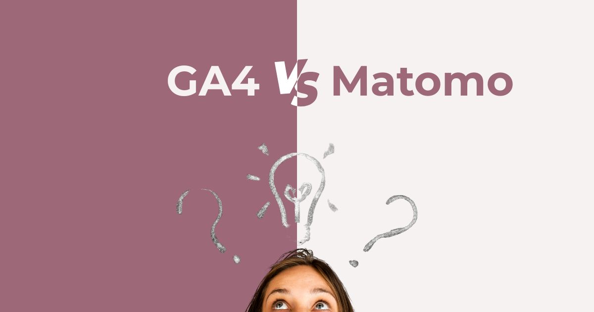 GA4 oder Matomo – Person steht zwischen zwei Bildschirmen und überlegt, welches Analyse-Tool das richtige ist